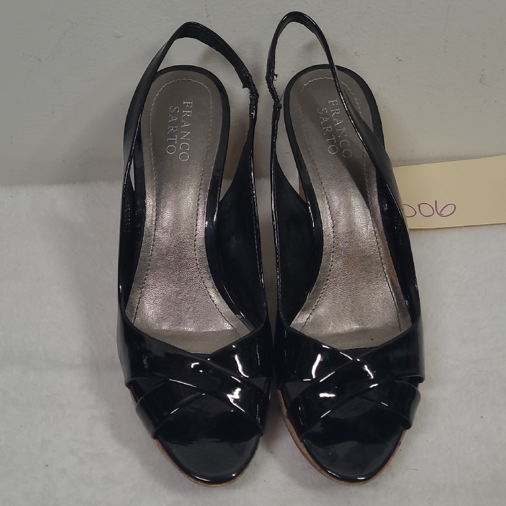 Franco Sarto Glossy Black Patent Leather Slingback Wedge Heel